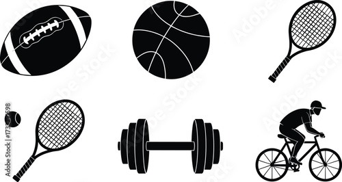 Sports activity icons set, football, basketball, tennis racket, barbell weightlifting, bicycle riding, fitness training, exercise equipment, athletic lifestyle, recreation symbols