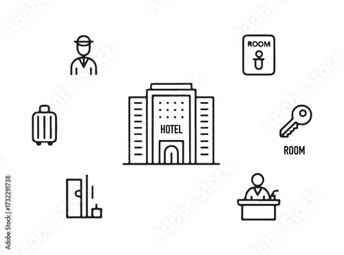 Hotel services and amenities illustrated with icons around a central building