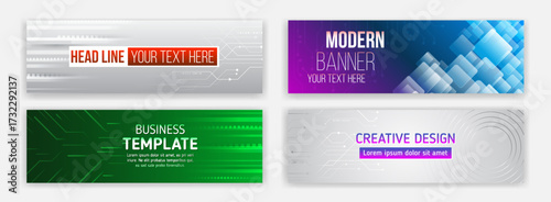 Collection of modern tech banners with abstract digital, geometric, and futuristic designs in green, blue, gray, and gradient tones. Ideal for business, web, and creative projects.