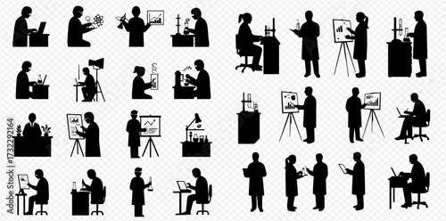 Silhouettes of scientists and researchers performing various laboratory experiments, data analysis, and scientific presentations.