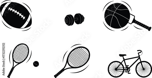Sports equipment icons set, football, dumbbells, basketball, tennis racket, bicycle, fitness training, active lifestyle, workout gear, recreation, exercise symbols