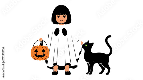 Spooky Girl with Cat & Pumpkin: An adorable child, dressed as a playful ghost, joyfully clutches a carved pumpkin as a sleek black cat gazes on, ready for Halloween night fun.