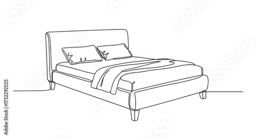 Continuous Line Drawing of Modern Bed with Pillows and Blanket