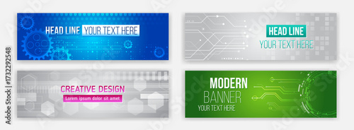 Set of futuristic technology and business banners with gears, circuits, hexagons, and abstract digital patterns, perfect for web design, corporate branding, and presentations.