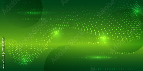 Abstract green digital background with binary code and flowing wave pattern. Futuristic technology design for data, coding, programming, and cyber concepts.