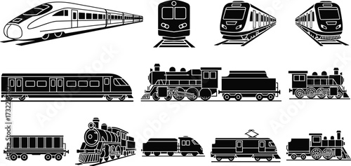 Train silhouettes set, high‑speed train, subway, metro, passenger train, freight car, steam locomotive, diesel, electric, transport, railway, j