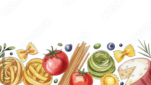 A watercolor illustration of Italian pasta ingredients arranged in a horizontal banner format against a white background (3)_traced