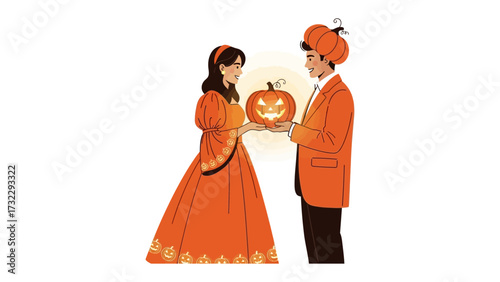 Halloween Pumpkin Offering: A couple, dressed in thematic attire, exchanges a carved pumpkin in a visual display celebrating Halloween traditions.