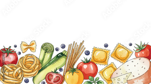 A watercolor illustration of Italian pasta ingredients arranged in a horizontal banner format against a white background 
