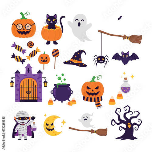 Enchanting Halloween Elements: A collection of spooky Halloween elements. Including carved pumpkins, ghosts, and witchy accents, it evokes a sense of playfulness and eerie ambiance.