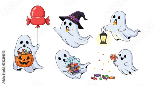 Spooky Collection of Ghosts with Accessories: A playful collection of cartoon ghosts, each with their own unique props. These friendly specters are ready for Halloween fun!