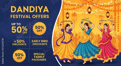 Vibrant vector illustration of Indian women in traditional ghagra choli performing the Dandiya Raas dance during a festive celebration