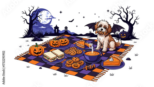 Spooky Halloween Feast: A whimsical illustration features a playful dog with bat wings perched on a picnic blanket, surrounded by an array of festive treats and decorations.