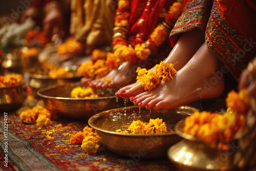 Indian Festival Kanya Puja with Food and Flower Offering