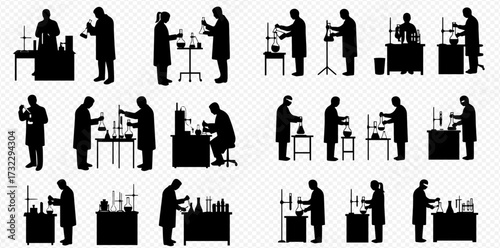 Silhouettes of researchers and scientists engaged in various chemical and scientific experiments within a laboratory.