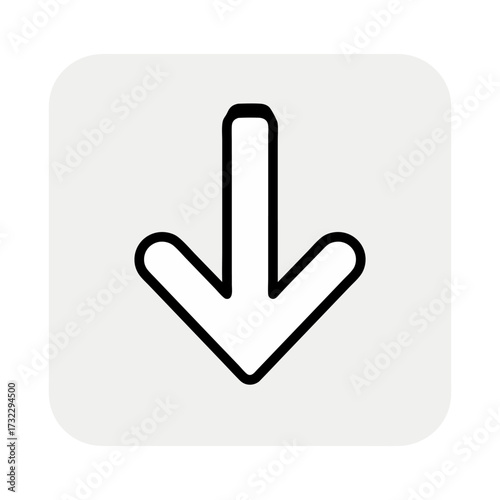 A minimalist black outline of a down arrow symbol centered on a light gray square with rounded corners.