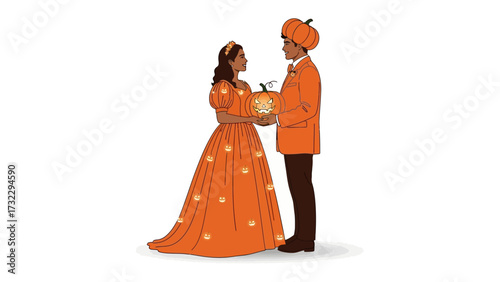 Autumn's Embrace: A fairytale couple, adorned in vibrant orange attire and pumpkin-themed accessories, gaze lovingly at each other while holding a miniature pumpkin.
