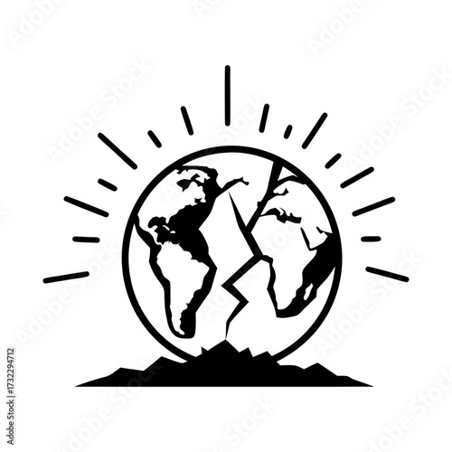 A stylized black and white illustration of a cracked Earth globe emitting rays, set atop a mountain range, representing environmental concerns and global challenges.