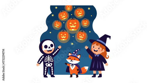 Halloween Delight: A playful cartoon depicts three costumed children, a skeleton, a fox, and a witch, marveling at the whimsical sight of illuminated jack-o'-lanterns in the night sky.