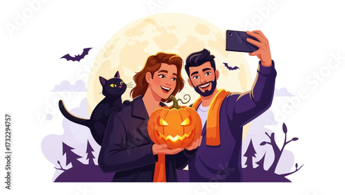 Spooky Selfie: A couple happily captures a selfie with a jack-o'-lantern, bat silhouette, and the backdrop of a radiant full moon, invoking a sense of festive spirit and Halloween.