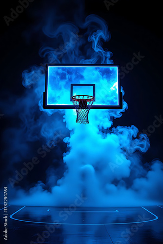Dramatic sport scene showcases a basketball hoop with transparent backboard with black metal frame and stand surrounded by swirled smoke around bathed in glowing blue neon light on dark background