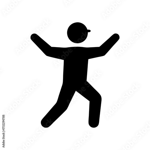 Black silhouette of a person with arms raised and legs spread, suggesting movement or celebration