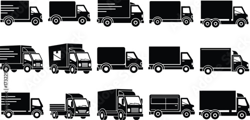 Truck and delivery vehicle icon set, black silhouette illustrations, cargo transport, box truck, flatbed, van, logistics, shipping design elements