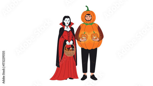 Spooky Encounter: A vampire and a pumpkin-headed person share a moment, perfect for Halloween.