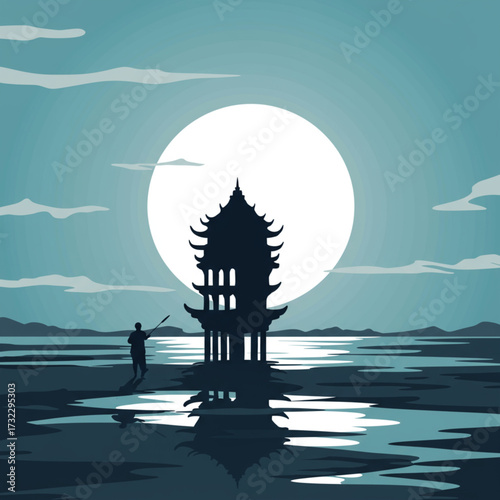 A generative AI illustration of a traditional pagoda standing on water with its reflection visible under a bright full moon.
