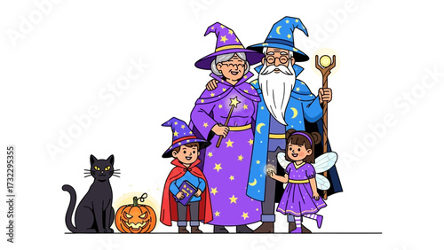 Magical Family Portrait: A whimsical illustration of a wizarding family, dressed in vibrant costumes and ready for a Halloween adventure, a black cat and a jack-o'-lantern complete the scene.