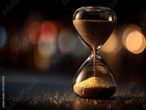 A close-up of an hourglass with gold-colored sand flowing. Blurry background with bokeh