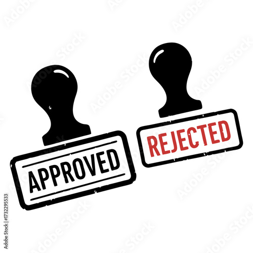Two rubber stamps, one with the word Approved in black and the other with Rejected in red. Grunge style vector icons for decisions, acceptance, and denial, isolated on a white background.