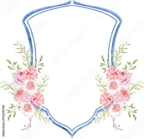 A beautiful hand drawn watercolor crest adorned with delicate pink roses and lush green leaves, presented on a clean white background for versatile design applications.