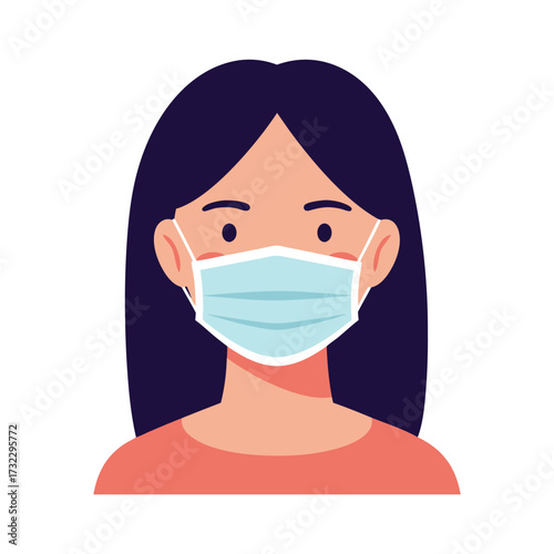 Illustration of a young woman with dark hair wearing a light blue surgical mask to prevent the spread of illness and protect her health during a pandemic.