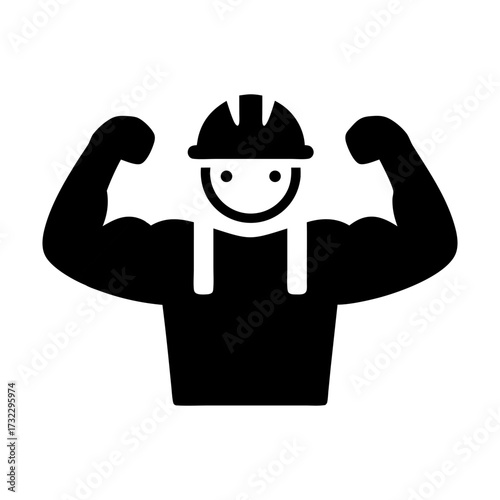 A black and white glyph icon of a strong, smiling worker wearing a hard hat and overalls, flexing both bicep muscles to show power and physical strength.
