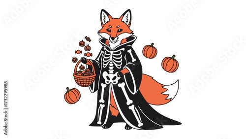 Halloween Fox Illustration: A charming illustration of a fox in a skeleton costume, celebrating the spirit of Halloween with candies and pumpkins.