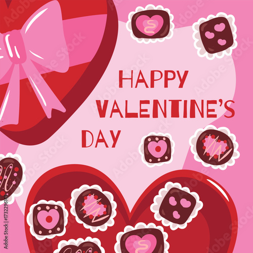Valentine s Day sale banner template. Square vector illustration with box of chocolate sweets