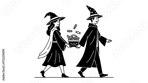 Magical Walk: A line art illustration of two individuals clad in wizard attire, merrily strolling side by side, bearing a charming basket of candies that float magically.