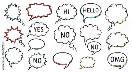 Crayon speech bubble vector set - hand drawn doodle chat balloon shapes, think cloud sketches. Distressed outline callout frames for message, quote, dialog text. Comic book conversation element. 