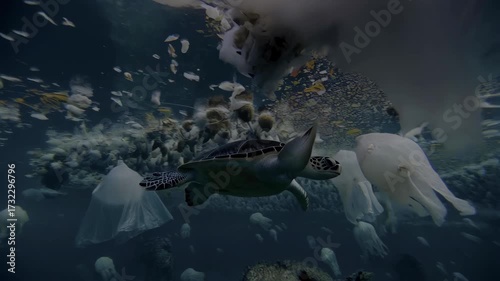 Turtle Swimming In Polluted Ocean