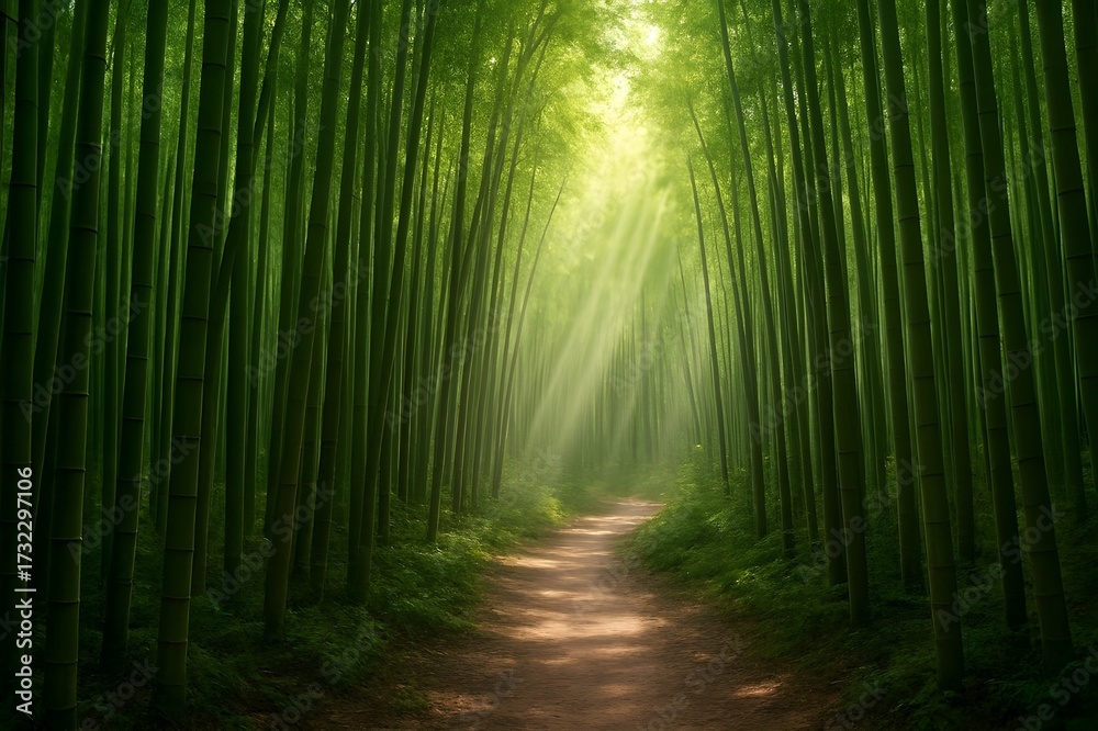 Obraz premium bamboo forest trail with sunlight beams