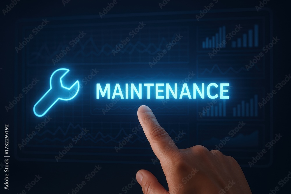 Naklejka premium Smart factory predictive maintenance. Futuristic maintenance interface with a hand pointing at glowing text and wrench icon.