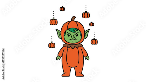 A mischievous Halloween spirit: A cute illustration of a pumpkin-costumed figure, surrounded by floating pumpkins, exudes a playful, lighthearted mood, ideal for Halloween.