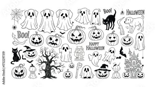 Halloween Icons Collection: A diverse array of hand-drawn, monochrome illustrations featuring classic Halloween motifs like pumpkins, ghosts, black cats, bats, haunted trees, and spooky text.