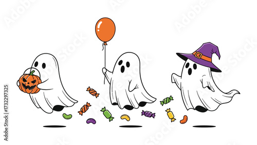 Halloween's Spectral Trio: Three friendly specters embrace the spirit of Halloween with playful joy, carrying a carved pumpkin, vibrant balloon.