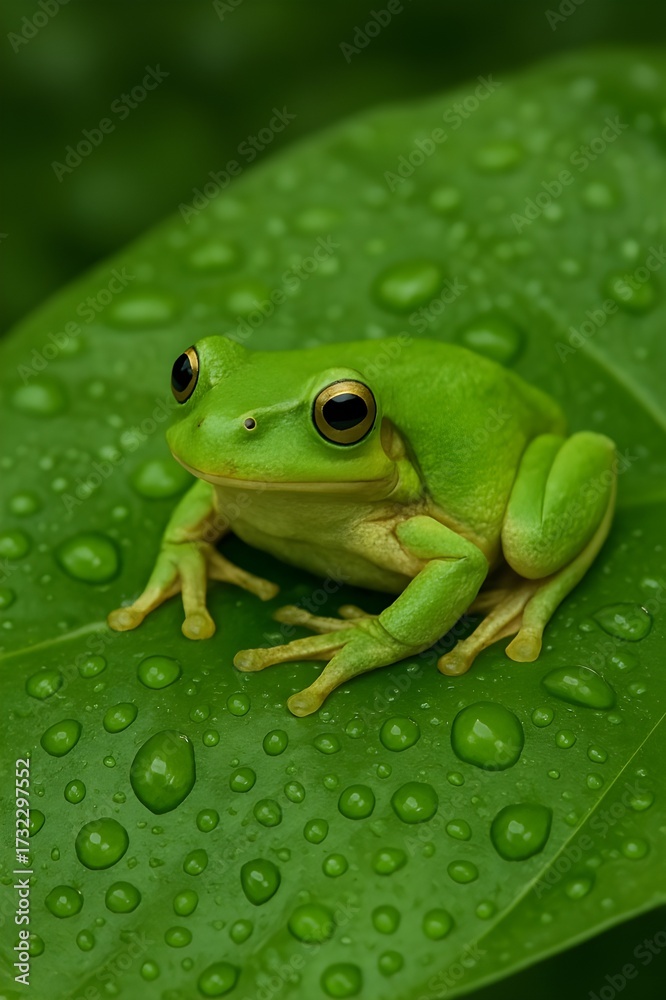Naklejka premium green tree frog on leaf with dew