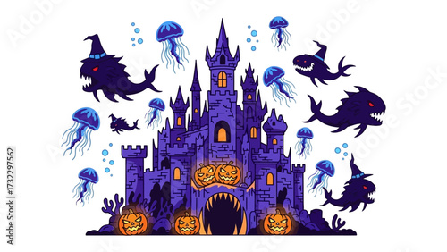 Spooky Halloween Castle with Creatures: A whimsical illustration showcases a haunted castle surrounded by fanciful creatures, jellyfish, and pumpkin. Ideal for Halloween or fantasy themes.