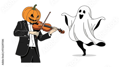 Spooky Serenade: A whimsical illustration of a pumpkin-headed man playing a violin for a dancing ghost, capturing the playful spirit of Halloween night.