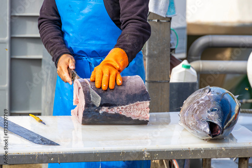 Fotografija Fisherman cutting fresh tuna on table at market, close-up of fish processing, seafood preparation and traditional fishing industry scene