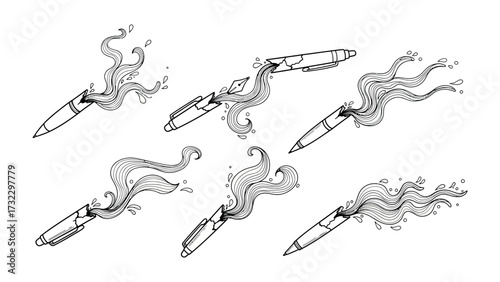 Creative Ink Flow Illustration: Artistic rendition of pens with flowing ink, exuding creativity, ideas, and artistic expression, rendered in a monochromatic style.
